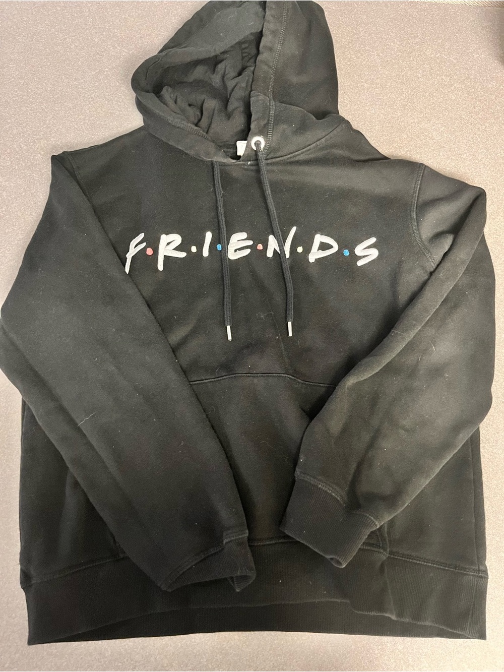Forever 21 Black "FRIENDS" Graphic Hoodie with Multicolor Dots